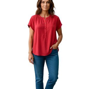 J. Crew Medium Pink Half-Placket Shirred Blouse Stand Up Collar Raglan Sleeves